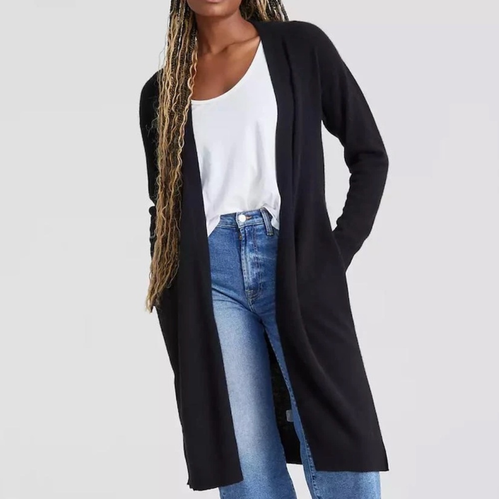 CHARTER CLUB 100% Cashmere Maxi Duster With Hoodie Cardigan Black Petite Small